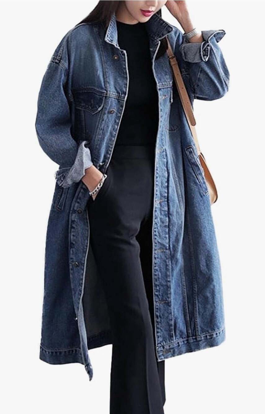 Jofemuho Women's Long Casual Maxi Length Denim Trench  Button Up Jean Coat